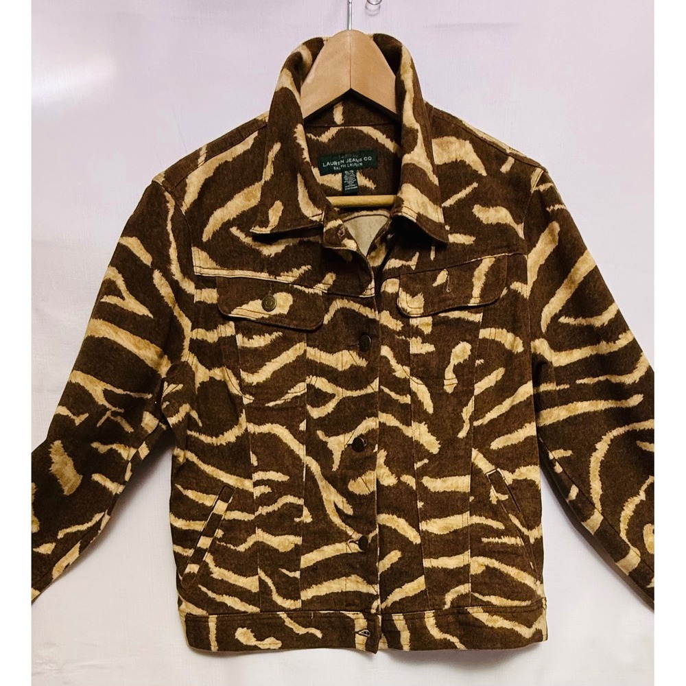 Lauren Ralph Lauren Jacket Women XL Brown Tan Excellent Animal Print Trucker LRL
